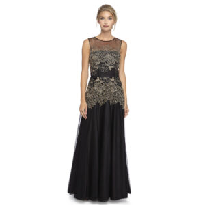 Tahari ASL Illusion Neckline Floral Embroidered Gown